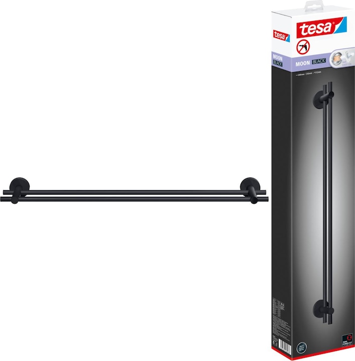 Image du produit tesa MOON BLACK Barre porte-serviettes double avec solution adhésive sans perçage