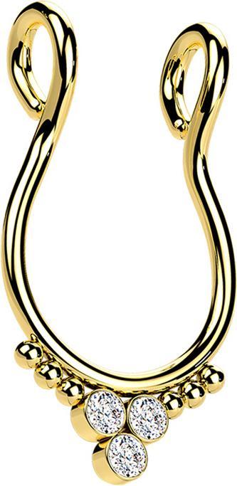 Produktbild Star Piercing Fake Septum vergoldet sechs Kugeln drei Kristalle silber (ohne Messing, Chirurgenstahl 316L)