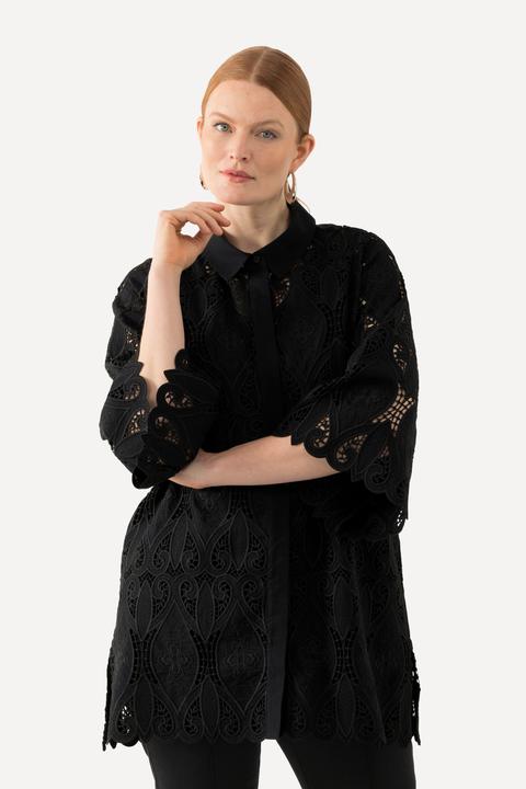 Produktbild Ulla Popken Spitzenbluse, A-Linie, Hemdkragen, Wellensaum, 3/4-Arm (50, 52)