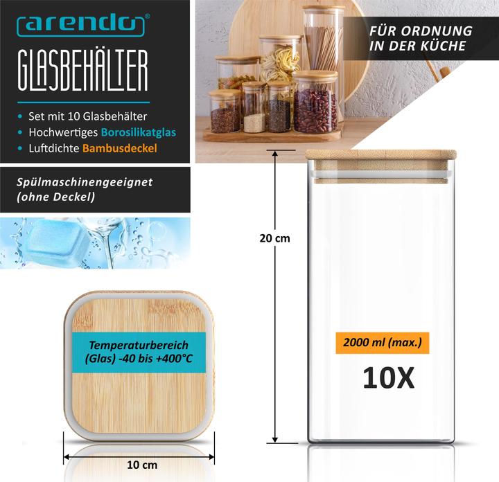 Actual product image Arendo 10x 2 L Vorratsgläser, Glasbehälter, 10er Set, Borosilikatglas, Bambusdeckel, Vorratsdosen luftdicht (2 l)