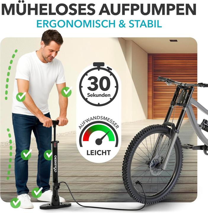 Produktbild CycleHero Velopumpe mit Manometer für alle Ventile