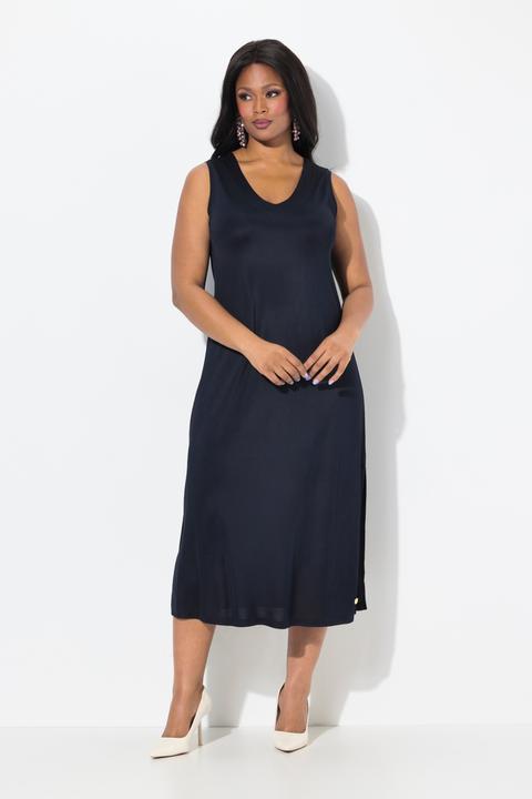 Produktbild Ulla Popken Midi-Slinkykleid, A-Linie, V-Ausschnitt, Piqué, ärmellos (50, 52)