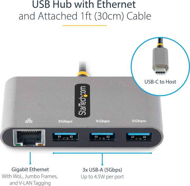 Actual product image StarTech com HB30C3A1GEA2, USB 3.2 Gen 1 (3.1 Gen 1) Type-C, RJ-45, USB 3.2 Gen 1 (3.1 Gen 1) Type-A (USB-C, 3 ports)
