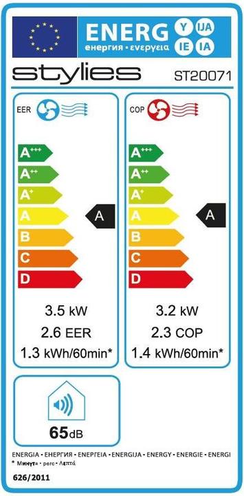 Energie-Label Stylies Mars (44 m², 12000 BTU/h)