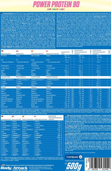 Nährwerte und Zutaten Body Attack New Power Protein 90 (500g Beutel) (Haselnuss, 1 Stk., 500 g)