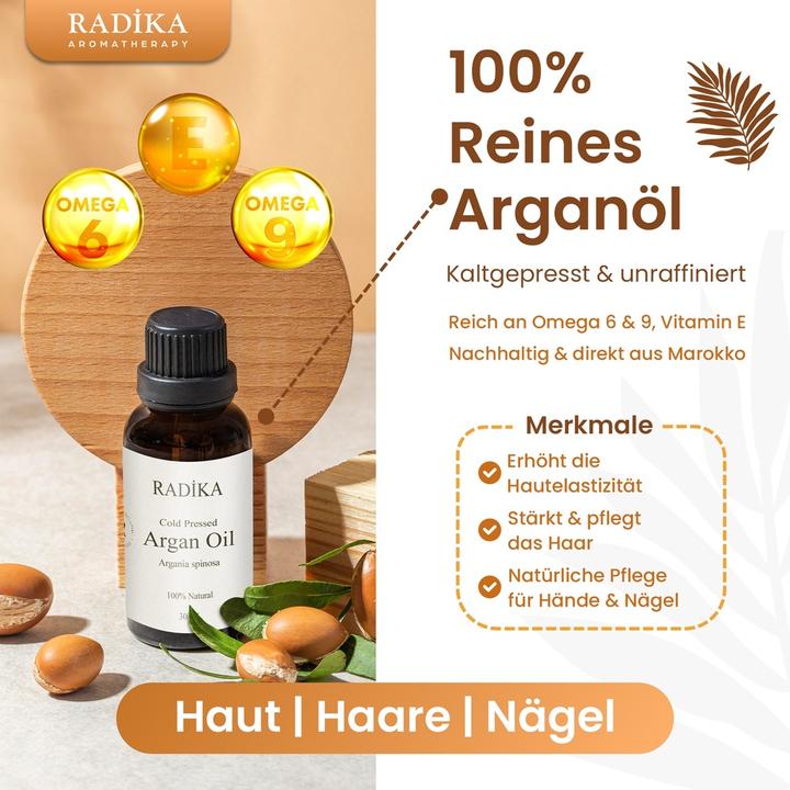 Image du produit Radika Huile d'argan, pressée à froid, 100% pure, BIO, naturelle, 30 ml (Huile pour le corps, 30 ml)