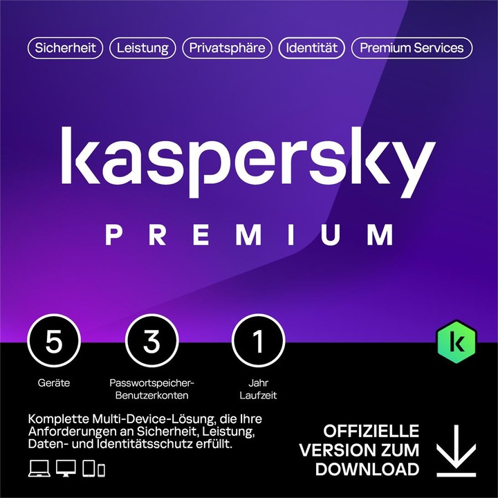 Kaspersky Premium (5 Utilisateur, 1 Périphériques/Utilisateurs, 12 mois)