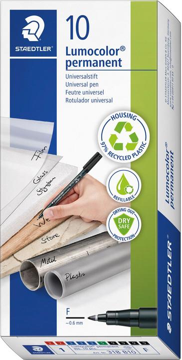 Actual product image Staedtler Lumocolor permanent marker 318F, box of 10 (Green, Red, Blue, Black, 0.60 mm, 10 x)