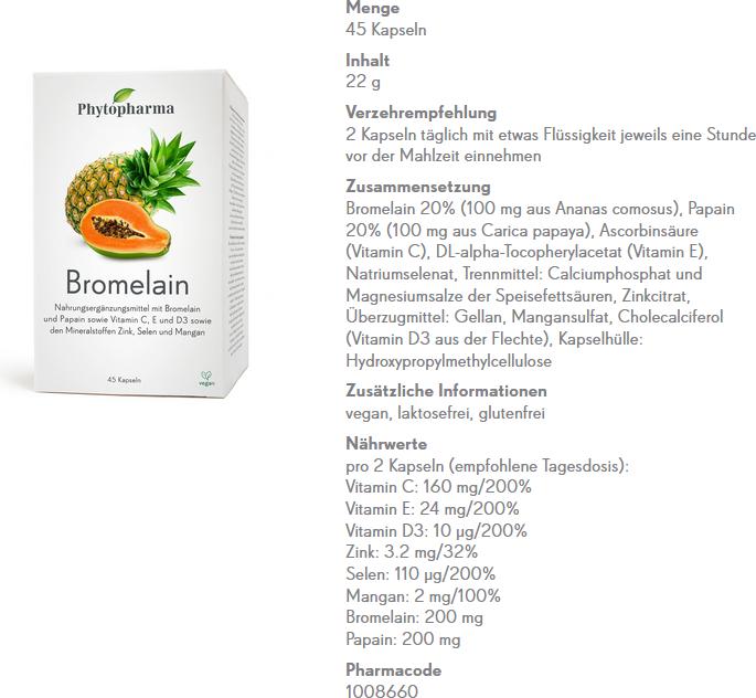 Nutritional values and ingredients Phytopharma Bromelain (45 pcs., Capsules, 46 g)