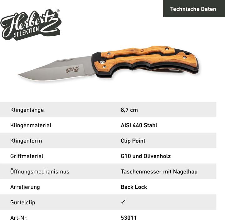 Immagine prodotto Herbertz Coltello da tasca Selection, acciaio AISI 440, inossidabile, G10 e legno d'ulivo, chiusura (8.70 cm)