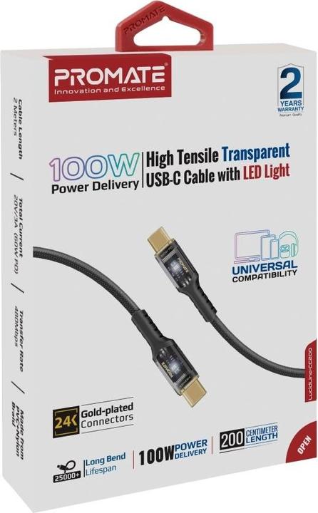 Image du produit ProMate LucidLine-CC200 Noir Câble USB-C (2 m, USB 2.0, 100 W)