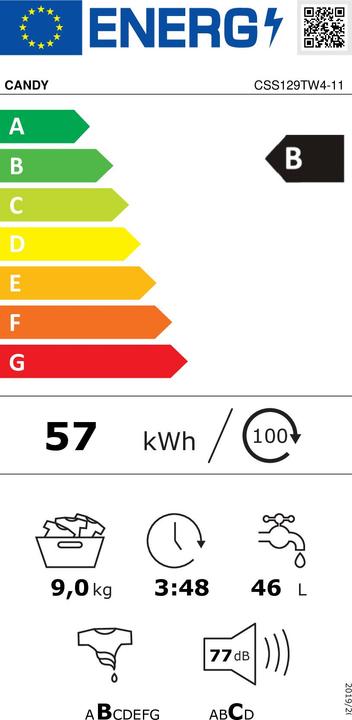 Etichetta energetica Candy Smart CSS1292TW4-11 lavatrice Caricamento frontale 9 kg 1200 Giri/min Bianco (9 kg, A sinistra)