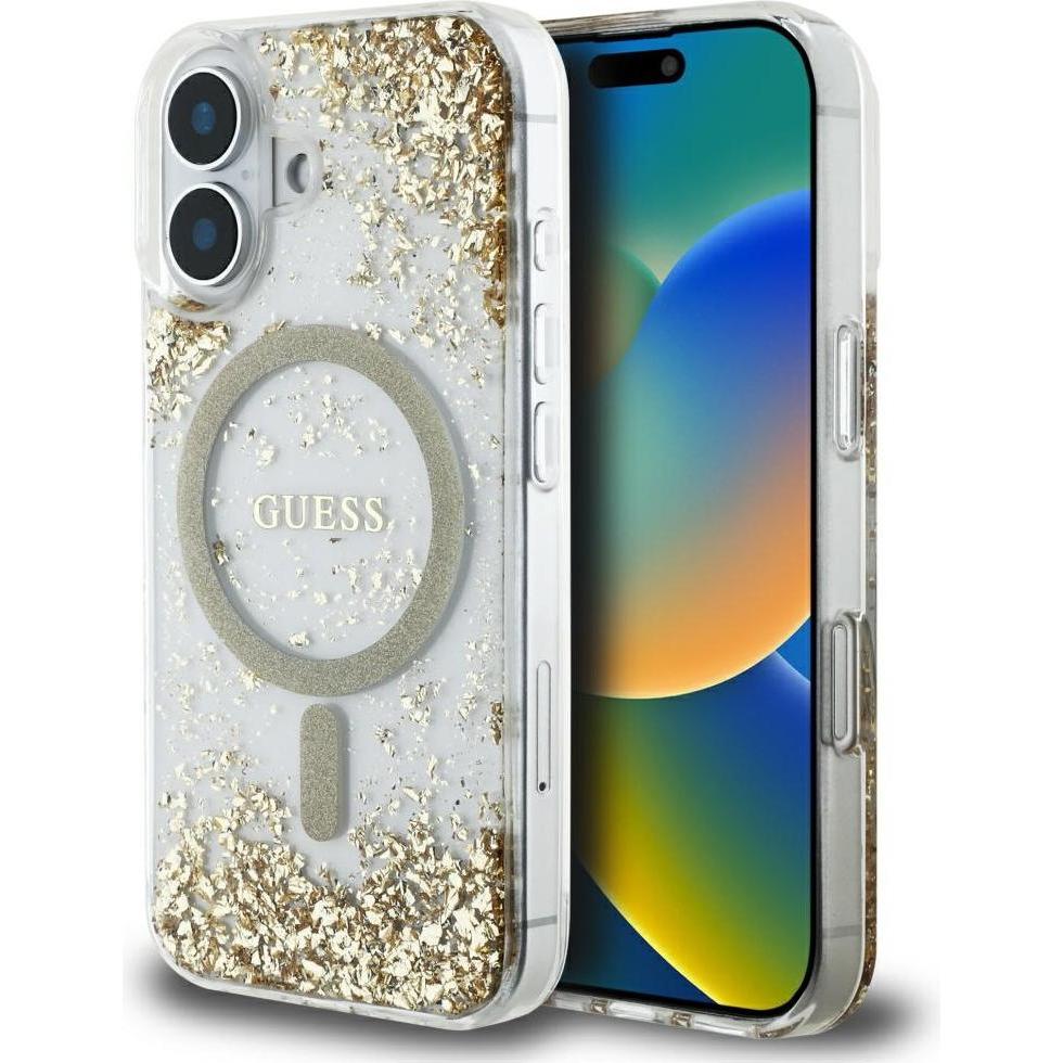 Guess HC Resin Bottom Glitter MagSafe case for iPhone 16 - gold (Apple iPhone 16), Cover smartphone, Oro