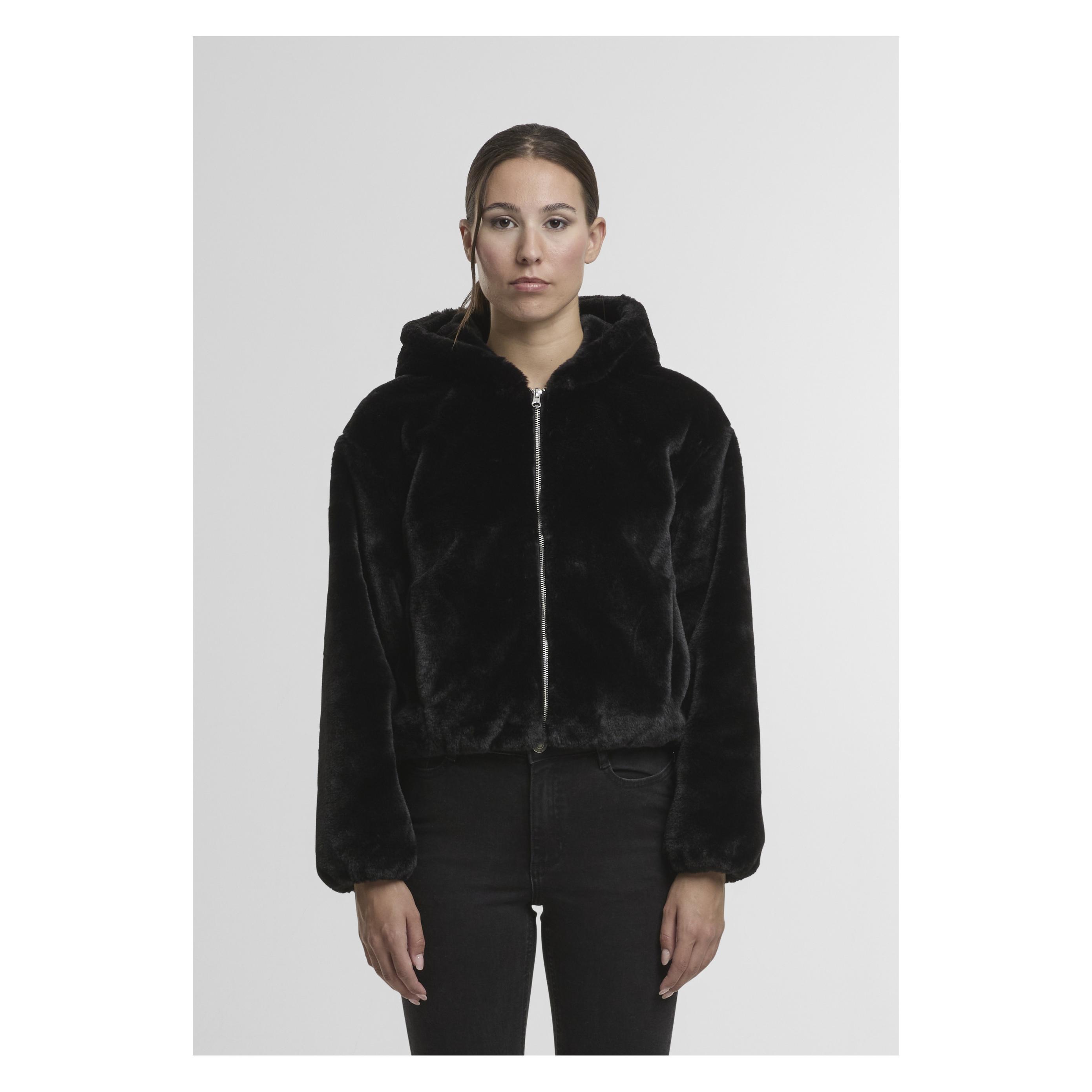 Urban Classics, Damen, Pullover, Ladies Full Zip Faux Fur Hoodie Black Xl, Schwarz