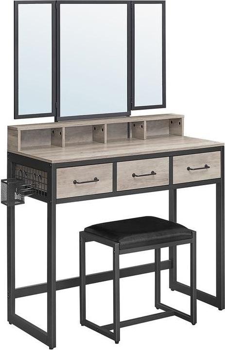 Image du produit Vasagle Schminktisch mit Hocker und Spiegel Greige/Schwarz, Tiefe (90 x 40 x 141 cm)