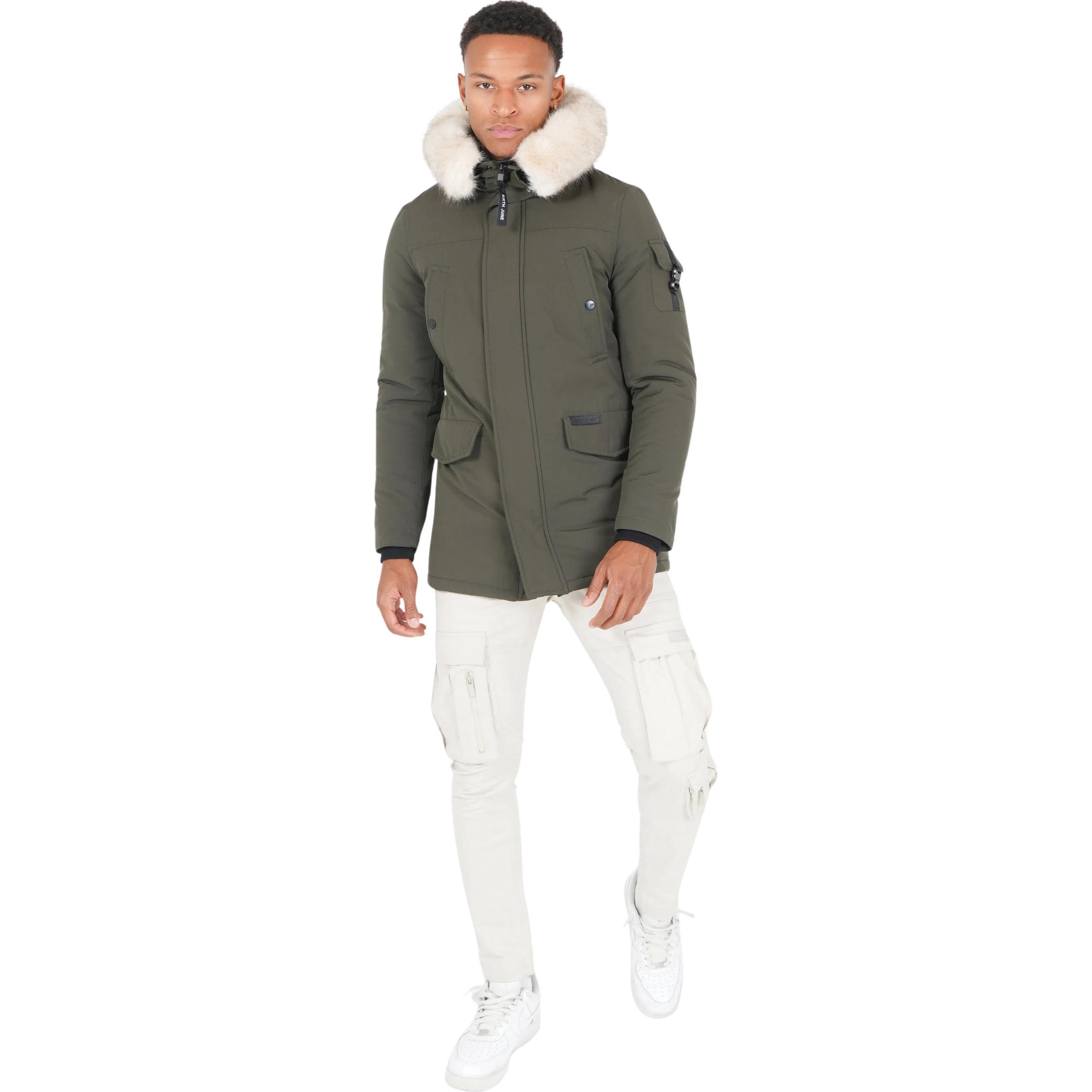Sixth June, Herren, Jacke, Parka mit Kapuze aus wasserabweisendem Pelz (M), Grün, M