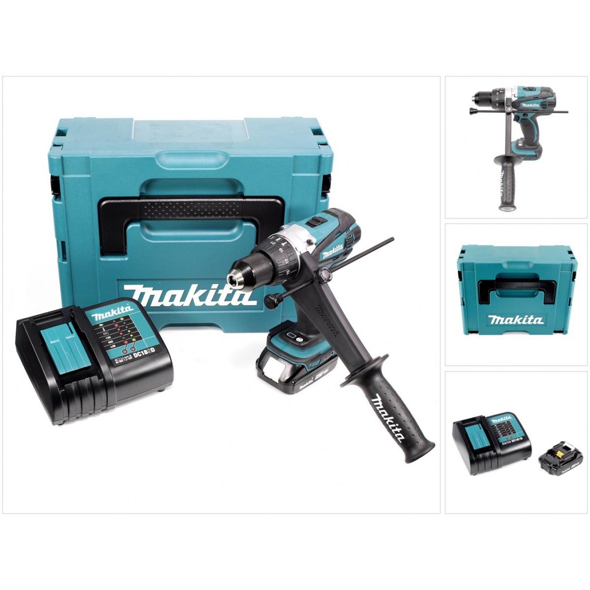 Makita, Trapano + Avvitatore a batteria, DHP 458 SA1J Trapano avvitatore con percussione a batteria 18V + Valigetta Makpac + 1x Batter
