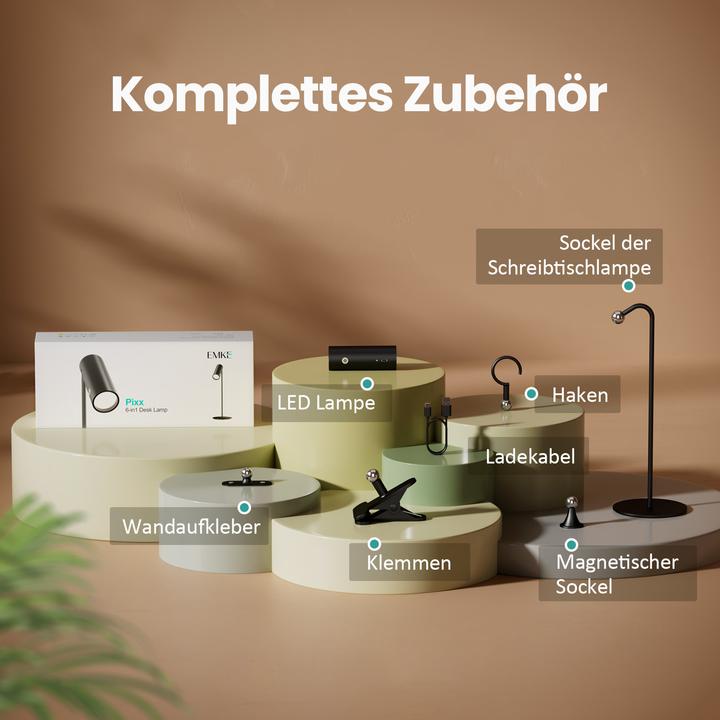 Immagine prodotto Emke LED Tischlampe kabellos, 6-in-1, dimmbar, Touch LED, Schwarz, 3 Farbmodi, magnetische Wandleuchte, U