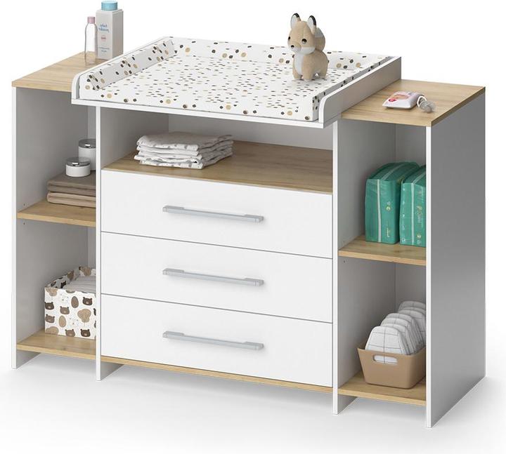 Produktbild Vicco Wickelkommode Oskar, Weiss/Goldkraft Eiche, 143.2 x 93 cm mit 3 Schubladen