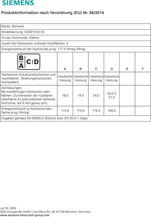 Nährwerte und Zutaten Siemens iQ700 EX801HVC1E (79.20 cm, Induktionskochfeld)