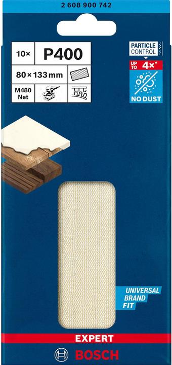 Image du produit Bosch Professional Zubehör Filet abrasif Expert M480 pour ponceuses vibrantes, 80 x133 mm, G 400, 10 pces. (P400)