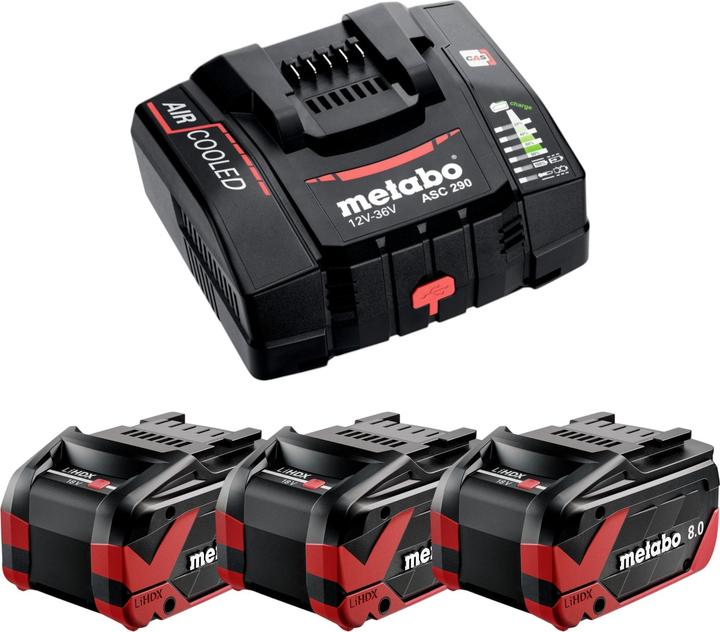 3x Metabo LiHDX accupack 18 V 8,0 Ah CAS Li-Ion accu, 1x Metabo ASC 290 snellader