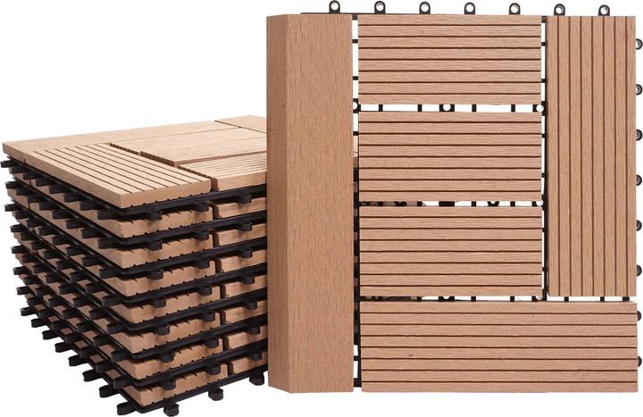 Swisshandel24 Piastrella WPC per pavimento Rodano + bordo, aspetto legno balcone/terrazzo, 11x ogni 30x30cm = 1mq (11 x, 30 x 30 cm)