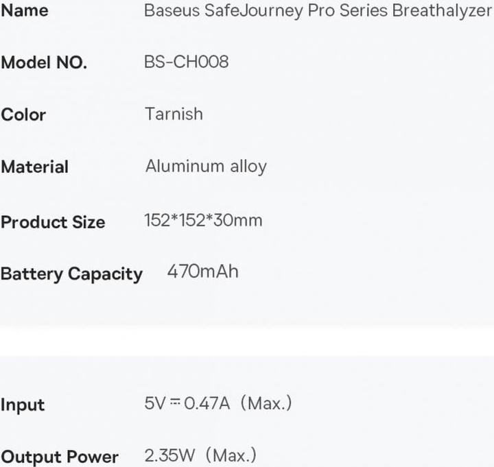 Valeurs nutritives et ingrédients Baseus Electronic Breathalyzer SafeJourney Pro (Grey)