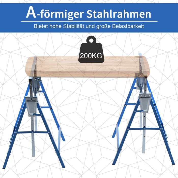 Produktbild Swisshandel24 2 x Gerüstbock Unterstellbock Klappbock höhenverstellbar bis 200kg Stahl Blau 68 x 58 x 80-130 cm (58 cm, 68 cm)