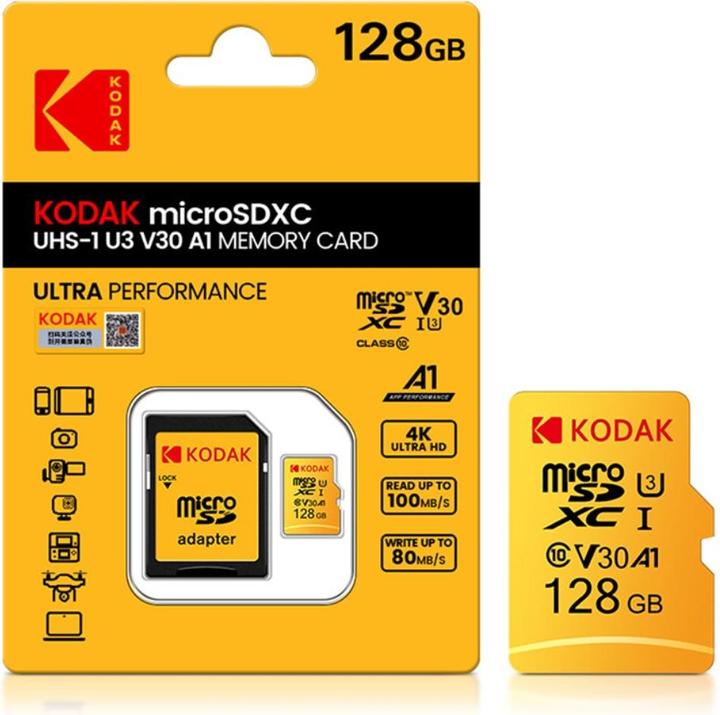 Image du produit Kodak mSD 128GB UHS-I U3/V30/A1 w/a (128 Go, microSDXC, U3, UHS-I)
