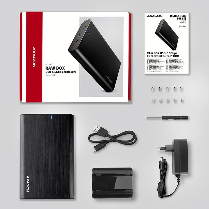Actual product image Axagon EE35-A6C RAW HDD enclosure, USB-C 3.0, SATA 6G, 3.5 / 2.5 inch - black (2.5", 3.5")