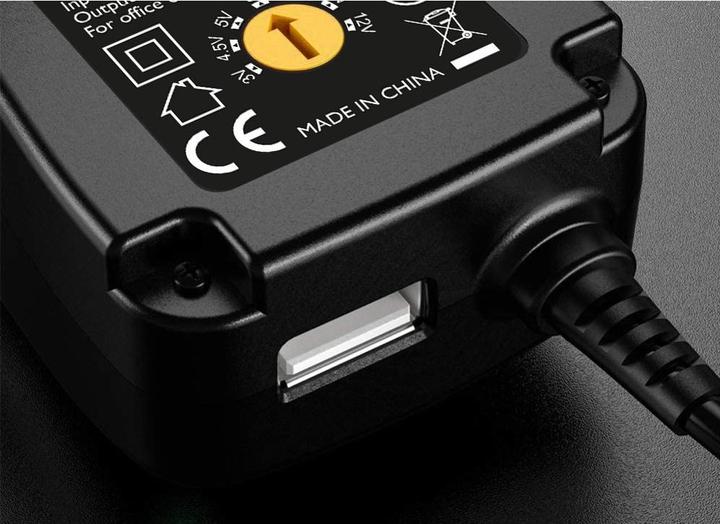Actual product image Techly Adjustable universal power supply 18W AC/DC 3V-12V with 6 DC plugs 1A USB connection