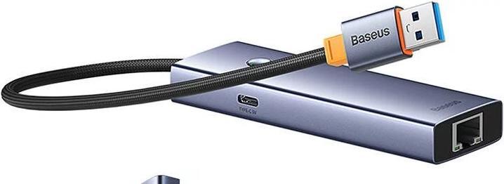 Immagine prodotto Baseus Hub UltraJoy Series Lite a 4 porte (da USB a USB 3.0*3 RJ45*1 USB-C 5V) (grigio) (USB-C, 4 porte)