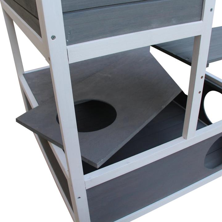 Produktbild PawHut Katzenhütte für draussen mit Terrasse, 4 Etagen, Winterfest, Grau, 75,5x75x137cm (137 cm, Dunkelgrau  Weiss)