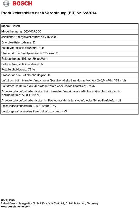 Nährwerte und Zutaten Bosch DEM63AC00 (Wandhaube)