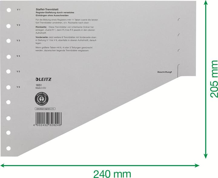 Leitz Staffel-Trennblätter, DIN A4 Überbreite, grau Kraftkarton 200 g-qm, druch gestaffelte Anordnun