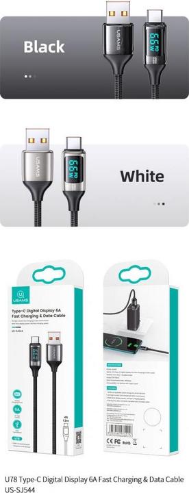 Actual product image Usams Cable pleciony U78 USB-C 1.2m LED 6A Fast Charging czarny/black SJ544USB01 (US-SJ544) (1.20 m, USB 2.0, 66 W)