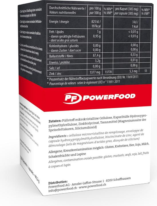 Valeurs nutritives et ingrédients Powerfood Zinc (120 pièce(s), Capsules, 60 g)