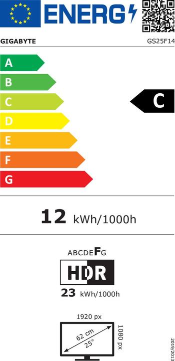 Energy Label Gigabyte Dis 24.5 GBT GS25F14 FHD 144 Hz (1920 x 1080 pixels, 24.50")