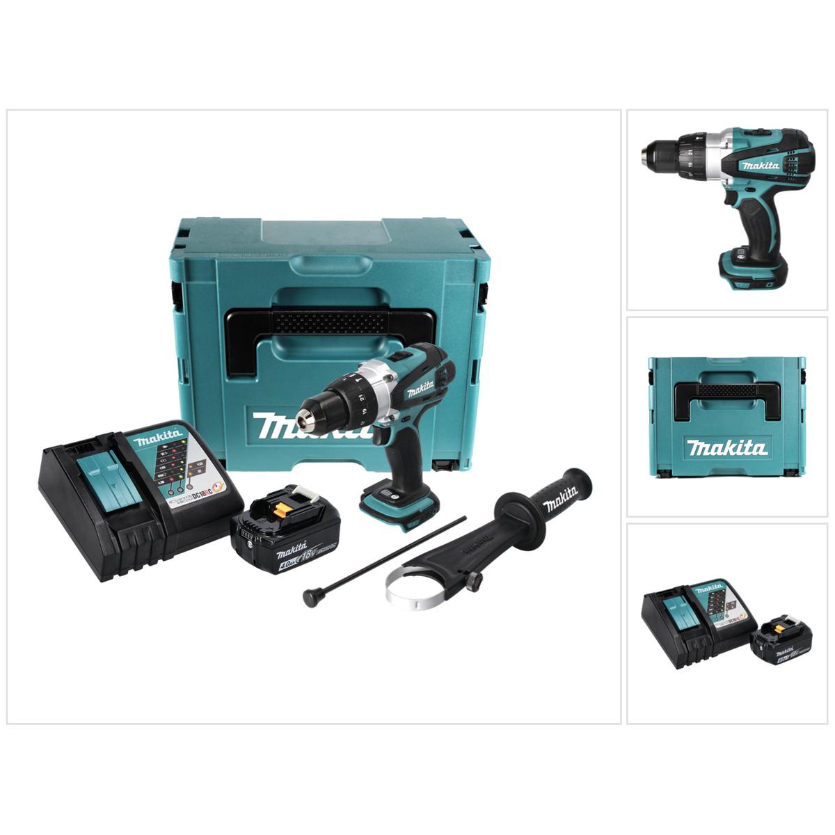 Makita, Trapano + Avvitatore a batteria, DHP 458 RM1J 18V Trapano avvitatore ad impulsi a batteria in valigetta Makpac + 1x Batteria 4