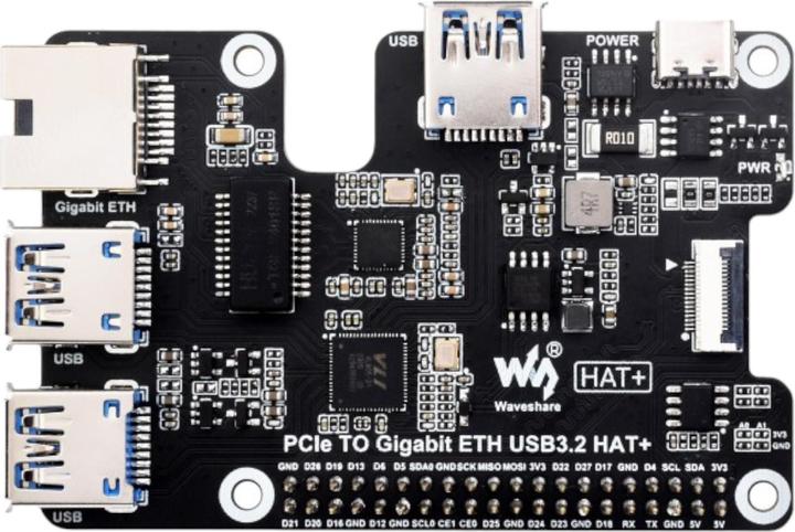 Actual product image WaveShare PCIe to Gigabit ETH USB3.2 HAT+ for Raspberry Pi5