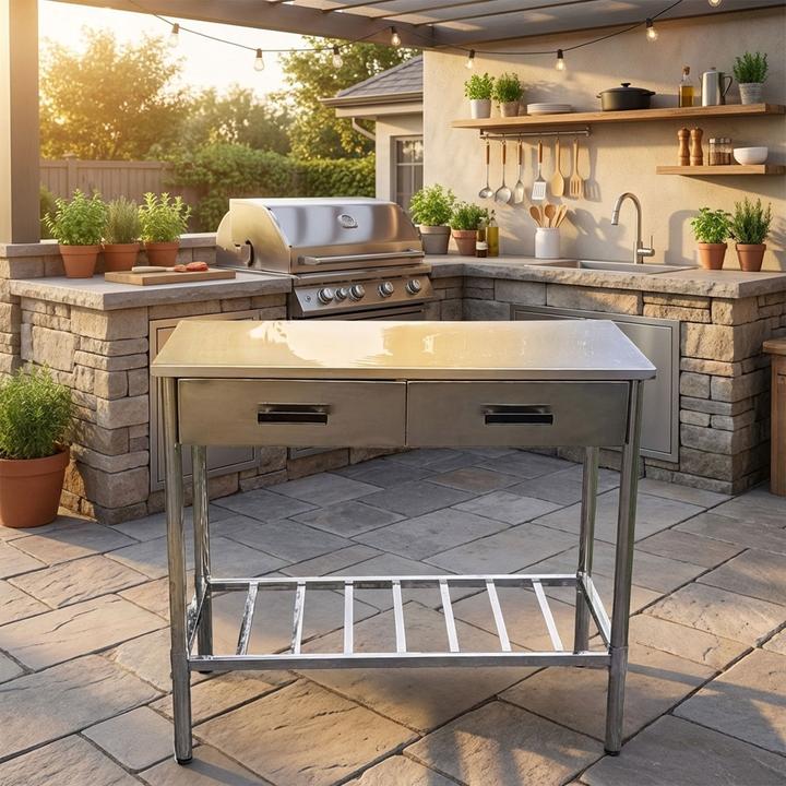 Casativo Edelstahl Arbeitstisch für die Outdoorküche - Stabiler Grilltisch mit 2 Schubladen