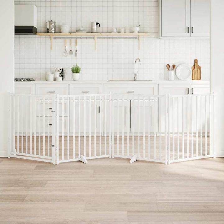 Produktbild vidaXL Hundetor mit Tür Faltbar Hundegitter Schutzgitter Weiss 4-tlg. Massivholz (6 cm)