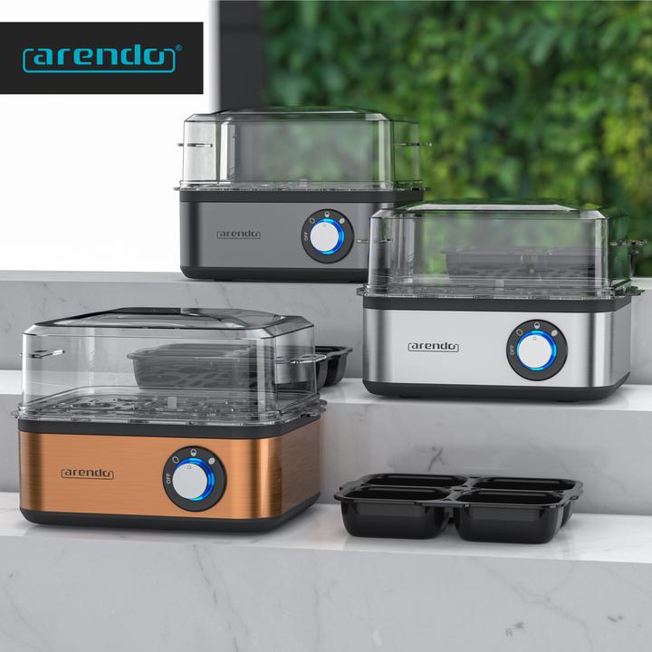 Produktbild Arendo Eierkocher für 1 bis 8 Eier, Edelstahl, Warmhaltefunktion, Härtegrad einstellbar, 500 W, Kupfer