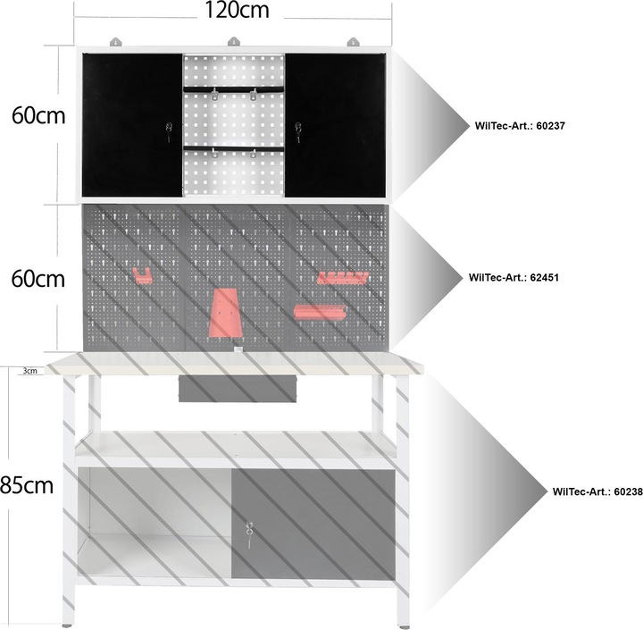 Produktbild Wiltec Hängeschrank Grau Werkstatteinrichtung Werkbank Werkzeugschrank Lochwand (120 cm, 19 cm)