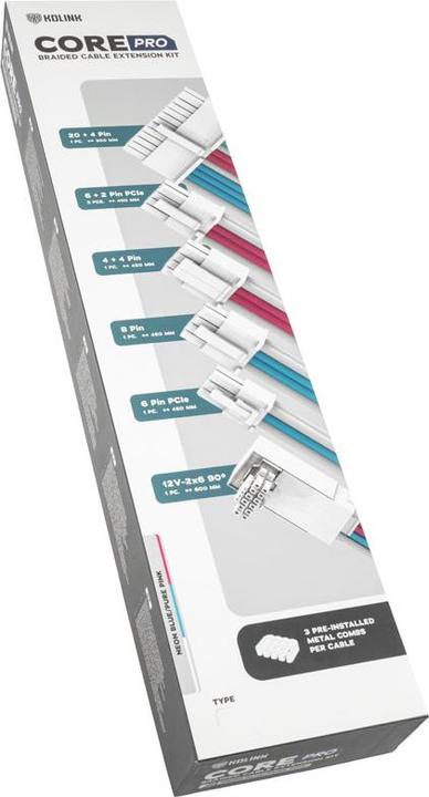 Produktbild Kolink Core Pro Braided Cable Extension Kit 12V-2x6 Typ 1 - Brilliant White/Neon Blue/Pure Pink (0.60 m)