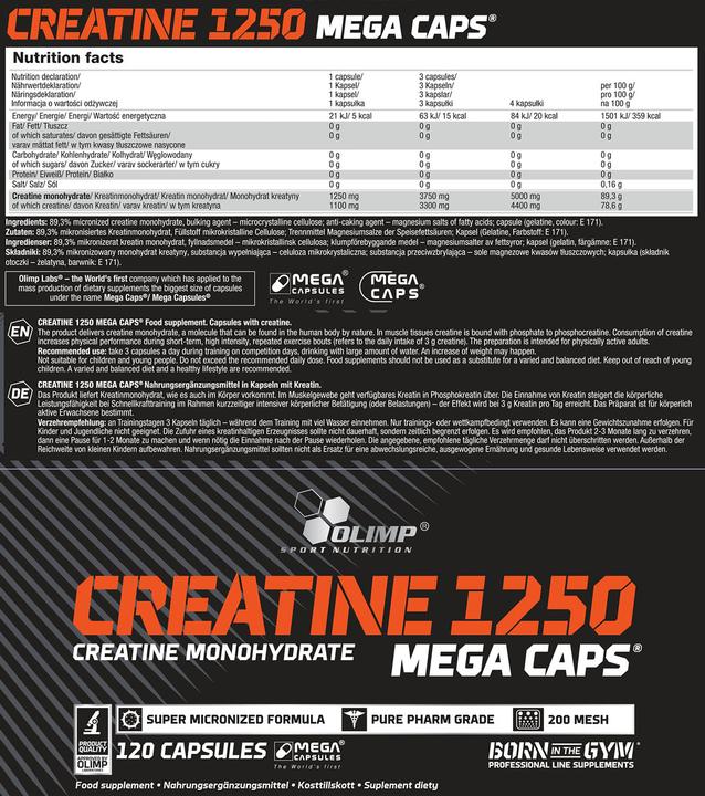 Nährwerte und Zutaten Olimp Sport Nutrition Monohydrate (120 Stück, Kapseln, 125 g)