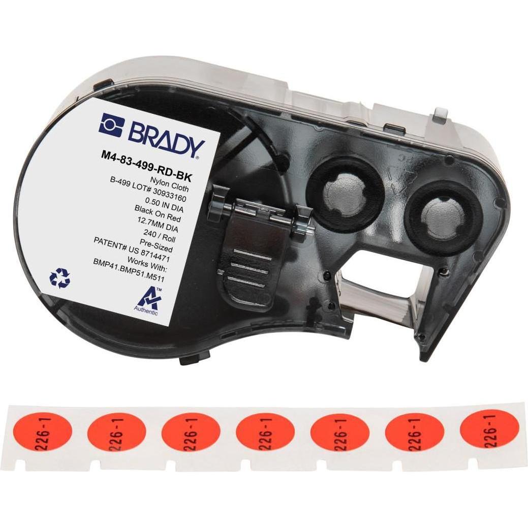 Brady, Etiketten, M4-83-499-RD-BK, Nylongewebe, Schwarz auf Rot, Deckeletikett 12.70 mm rund, permanent (240 E