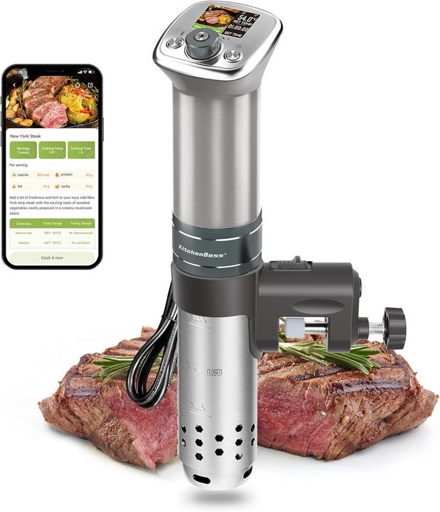 KitchenBoss WLAN Sous Vide Roner Professional 1100 W, Wifi-Bedienung, IPX7 wasserdicht, LCD-Display, ultra-leise
