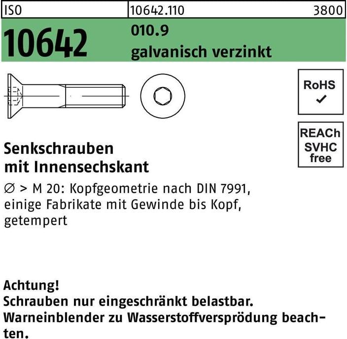 Produktbild Senkschraube ISO 10642 Innensechskant M 3 x 12 010.9 galvanisch verzinkt (500 Schrauben pro Stück)